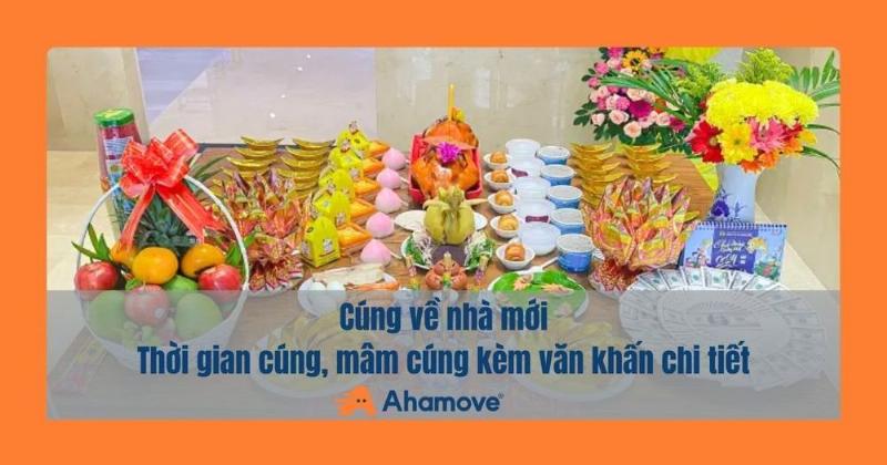 Hình ảnh một mâm lễ vật cúng về nhà mới đầy đủ các món mặn, chay và vật phẩm đi kèm